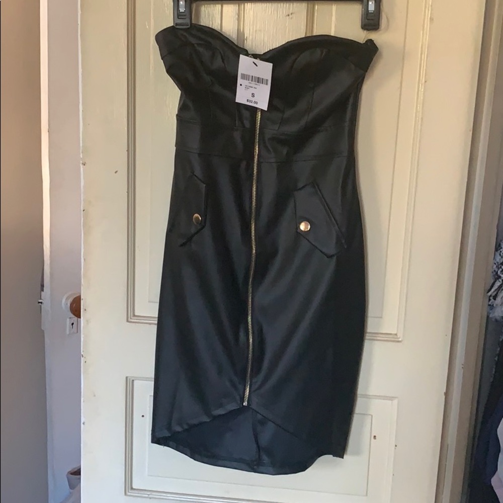 Black faux leather strapless dress- never worn!